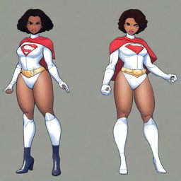 Create a realistic image of a beautiful young black girl dressed as Powergirl