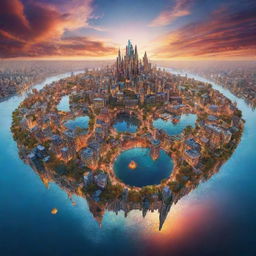 A surrealistic cityscape where buildings are intricately constructed in the shape of the Earth, surrounded by sparkling water bodies and a sky teeming with colors of sunset.