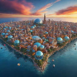 A surrealistic cityscape where buildings are intricately constructed in the shape of the Earth, surrounded by sparkling water bodies and a sky teeming with colors of sunset.