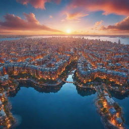 A surrealistic cityscape where buildings are intricately constructed in the shape of the Earth, surrounded by sparkling water bodies and a sky teeming with colors of sunset.