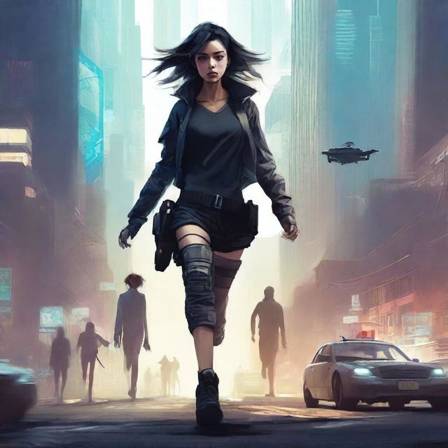 A futuristic book cover featuring a scruffy young woman and her Android companion running from police through a dystopian city