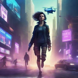 A futuristic book cover featuring a scruffy young woman and her Android companion running from police through a dystopian city