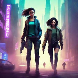 A futuristic book cover featuring a scruffy young woman and her Android companion running from police through a dystopian city