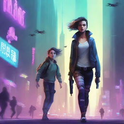 A futuristic book cover featuring a scruffy young woman and her Android companion running from police through a dystopian city