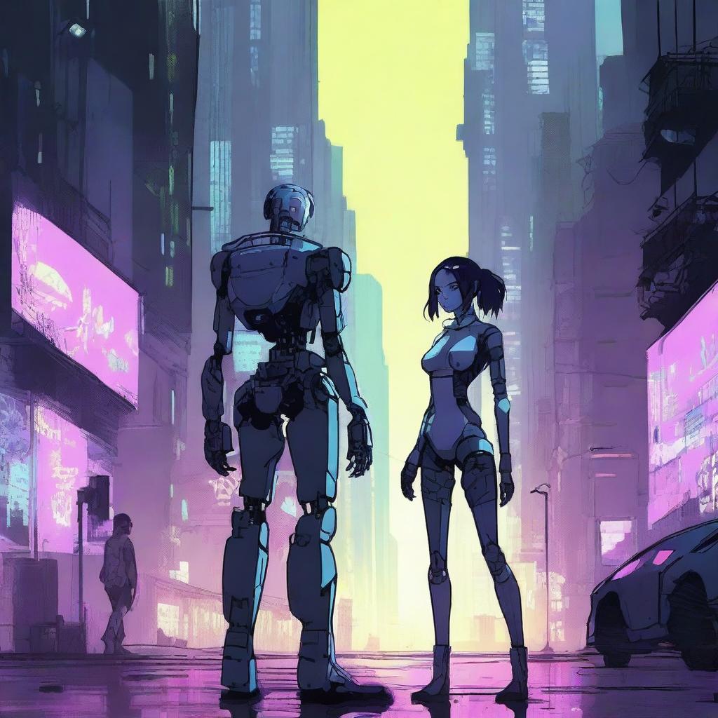 A young woman and her robot companion standing in a dystopian city