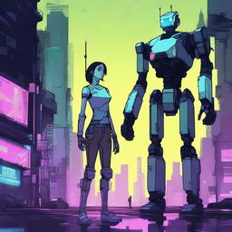 A young woman and her robot companion standing in a dystopian city