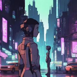 A young woman and her robot companion standing in a dystopian city