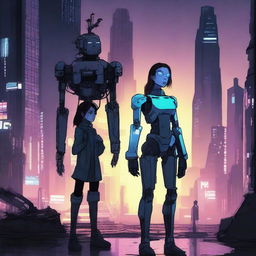 A young woman and her robot companion standing in a dystopian city