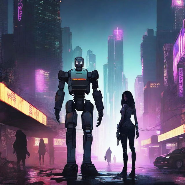 A woman and a robot standing together in a dystopian city