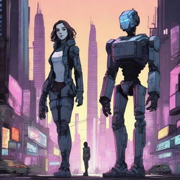 A woman and a robot standing together in a dystopian city