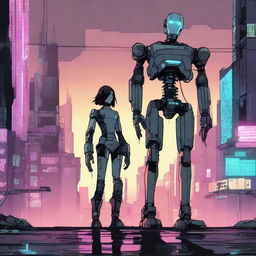 A woman and a robot standing together in a dystopian city