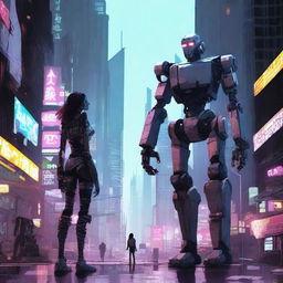 A woman and a robot standing together in a dystopian city