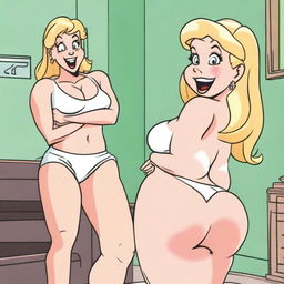 A blonde character picking a wedgie in a humorous and light-hearted manner