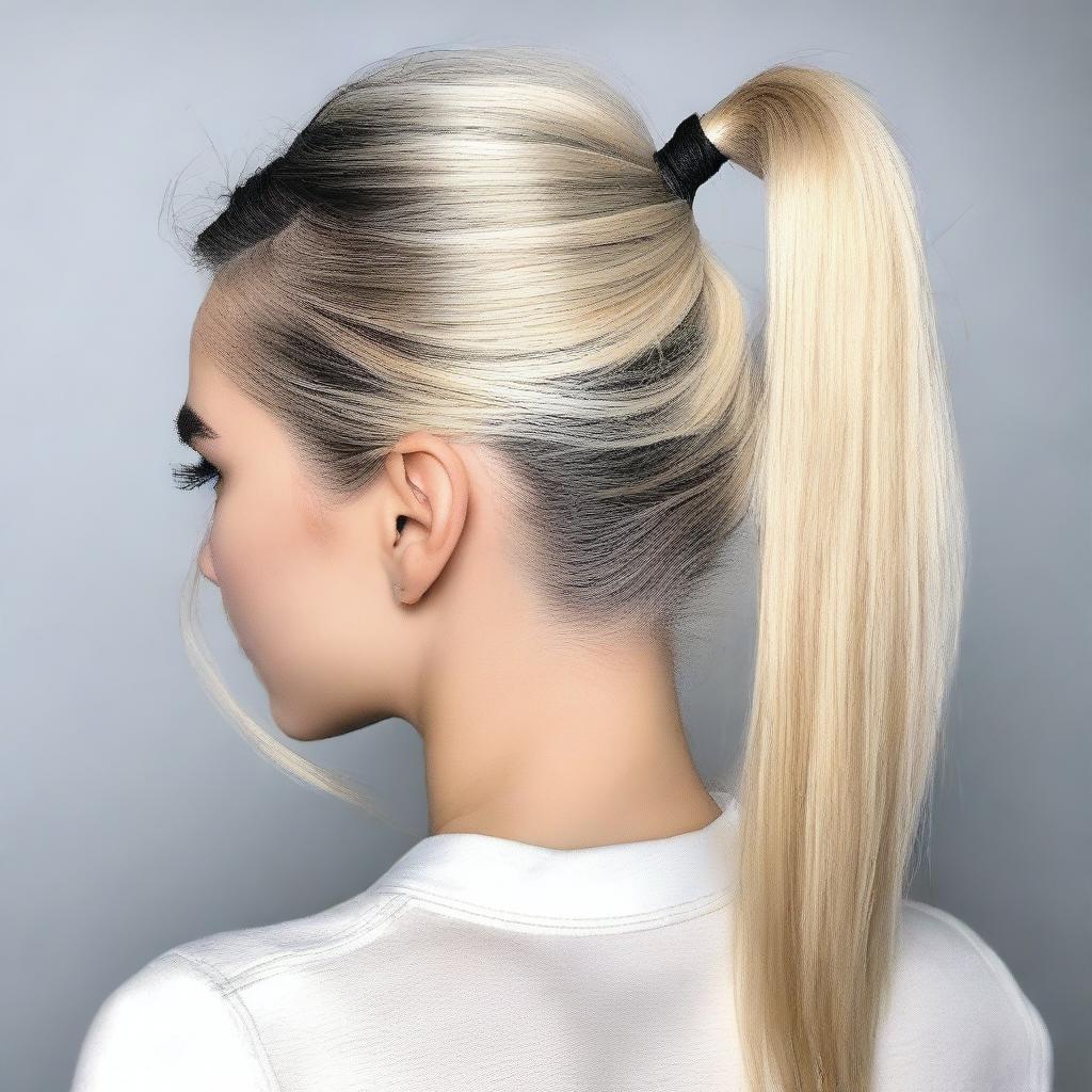 A detailed image of a person with a blonde ponytail that has dark roots