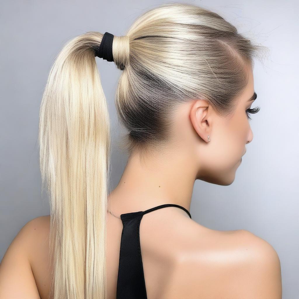 A detailed image of a person with a blonde ponytail that has dark roots