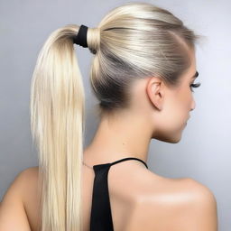 A detailed image of a person with a blonde ponytail that has dark roots