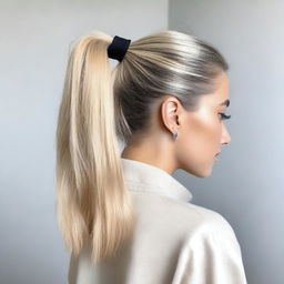 A detailed image of a person with a blonde ponytail that has dark roots