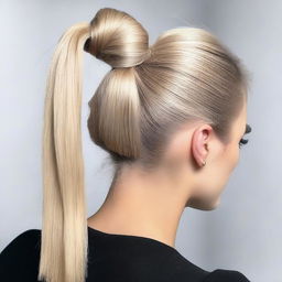 A detailed image of a person with a blonde ponytail that has dark roots