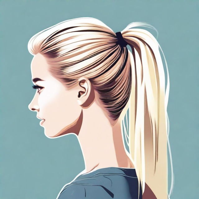 A detailed illustration of a person with blonde hair tied in a ponytail, with visible darker roots showing