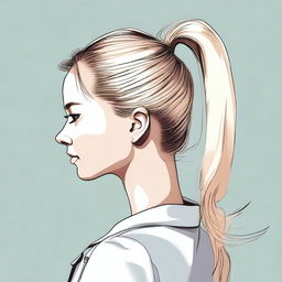 A detailed illustration of a person with blonde hair tied in a ponytail, with visible darker roots showing