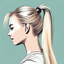 A detailed illustration of a person with blonde hair tied in a ponytail, with visible darker roots showing