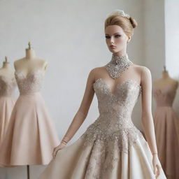 Mannequin in a fashion designer studio elegantly dressed in the latest haute couture outfits