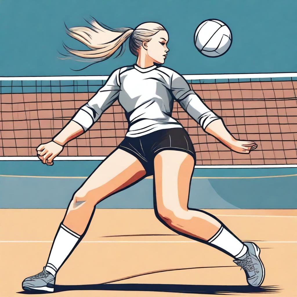 A detailed illustration of a volleyball player with a blonde ponytail, actively engaged in a game