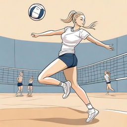 A detailed illustration of a volleyball player with a blonde ponytail, actively engaged in a game