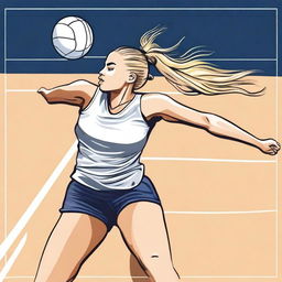 A detailed illustration of a volleyball player with a blonde ponytail, actively engaged in a game