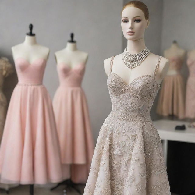 Mannequin in a fashion designer studio elegantly dressed in the latest haute couture outfits