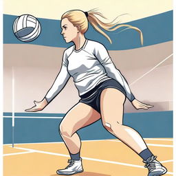 A detailed illustration of a volleyball player with a blonde ponytail, actively engaged in a game