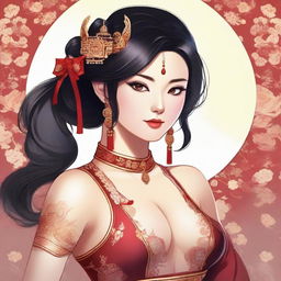 A digital illustration of an Asiatic girl wearing a sexy costume