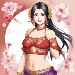 A digital illustration of an Asiatic girl wearing a sexy costume