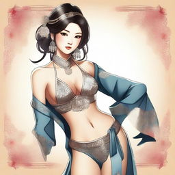 A digital illustration of an Asiatic girl wearing a sexy costume