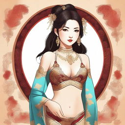 A digital illustration of an Asiatic girl wearing a sexy costume