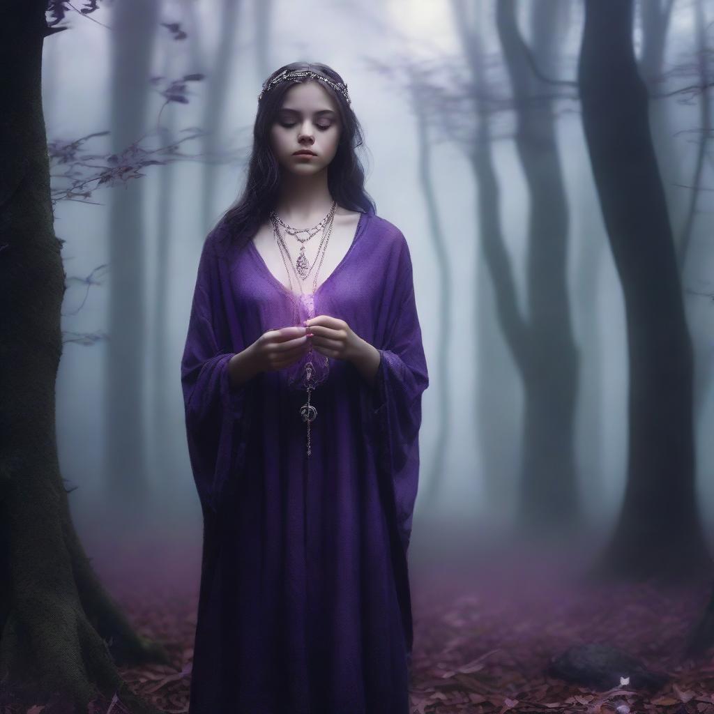 A young human girl wearing rugged robes, adorned with a silver necklace with an amethyst pendant