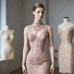 Mannequin in a fashion designer studio elegantly dressed in the latest haute couture outfits