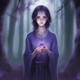 A young human girl wearing rugged robes, adorned with a silver necklace with an amethyst pendant