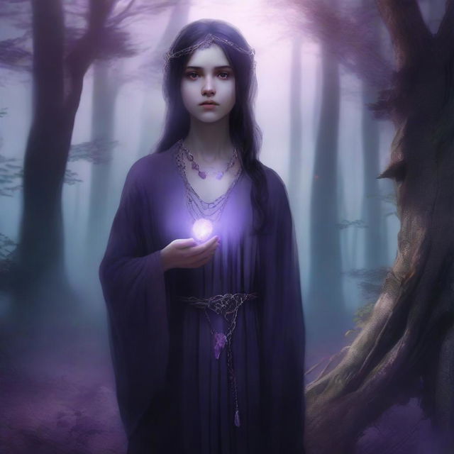 A young human girl wearing rugged robes, adorned with a silver necklace with an amethyst pendant