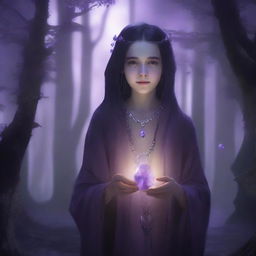 A young human girl wearing rugged robes, adorned with a silver necklace with an amethyst pendant