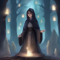 A young warlock girl is seen communing with the ghosts of the dead