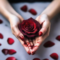 A close-up image of women's hands holding a bloody rose