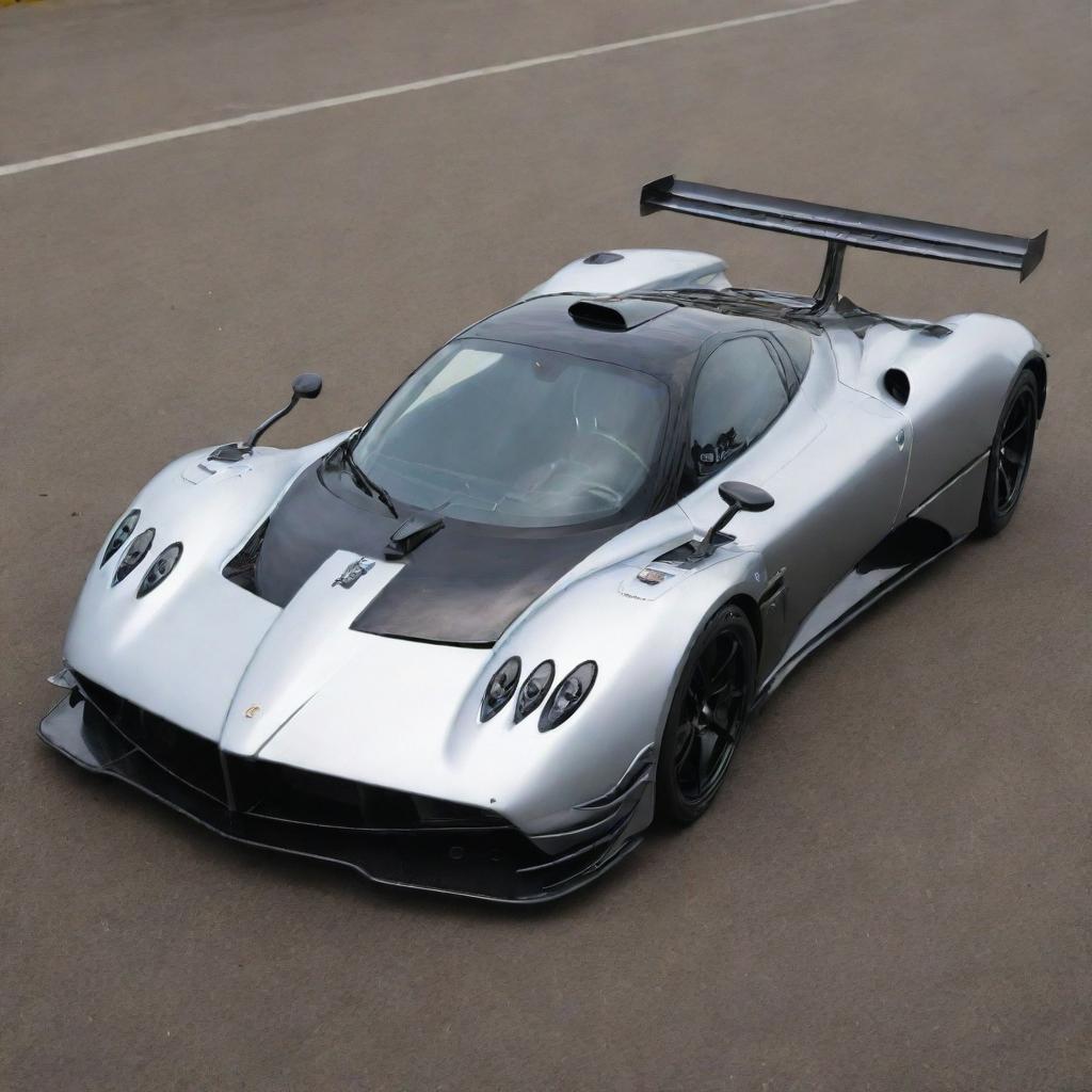 Pagani cars transmuted into high-performance Formula 1 racing cars, incorporating superior aerodynamics, a streamlined design, and the striking Pagani branding.