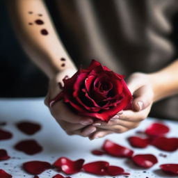 A close-up image of women's hands holding a bloody rose