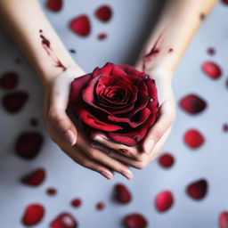 A close-up image of women's hands holding a bloody rose