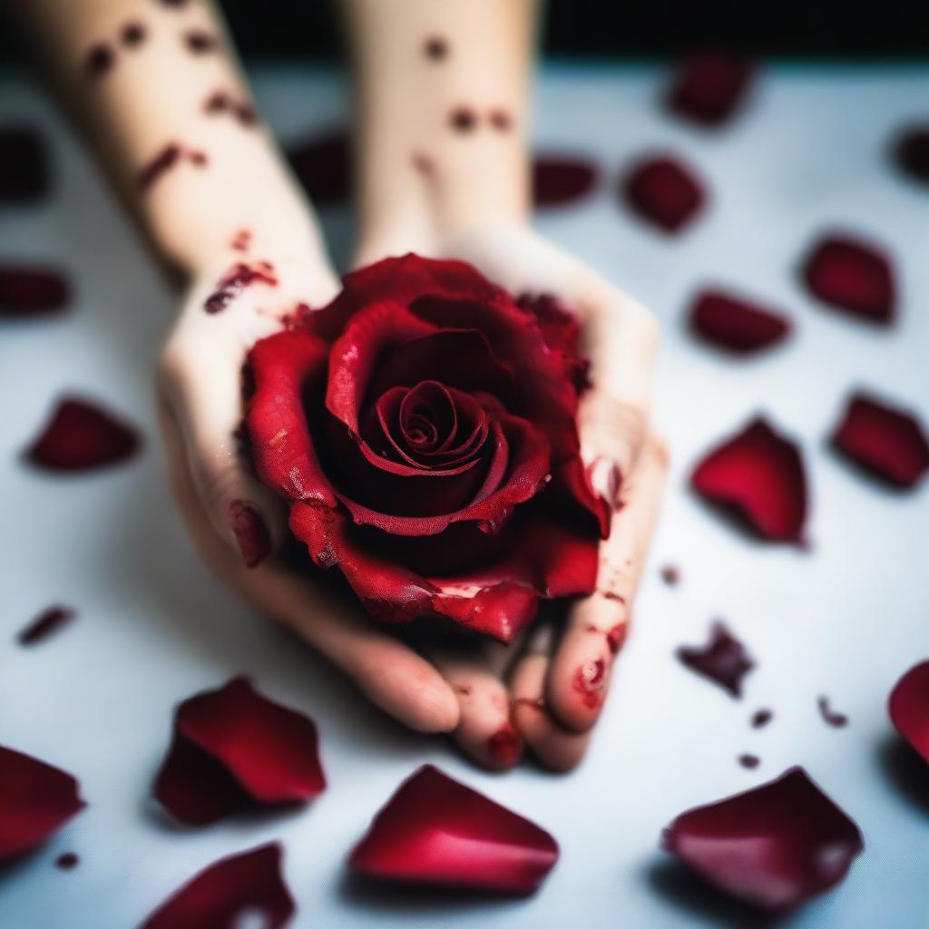 A close-up image of women's hands holding a bloody rose