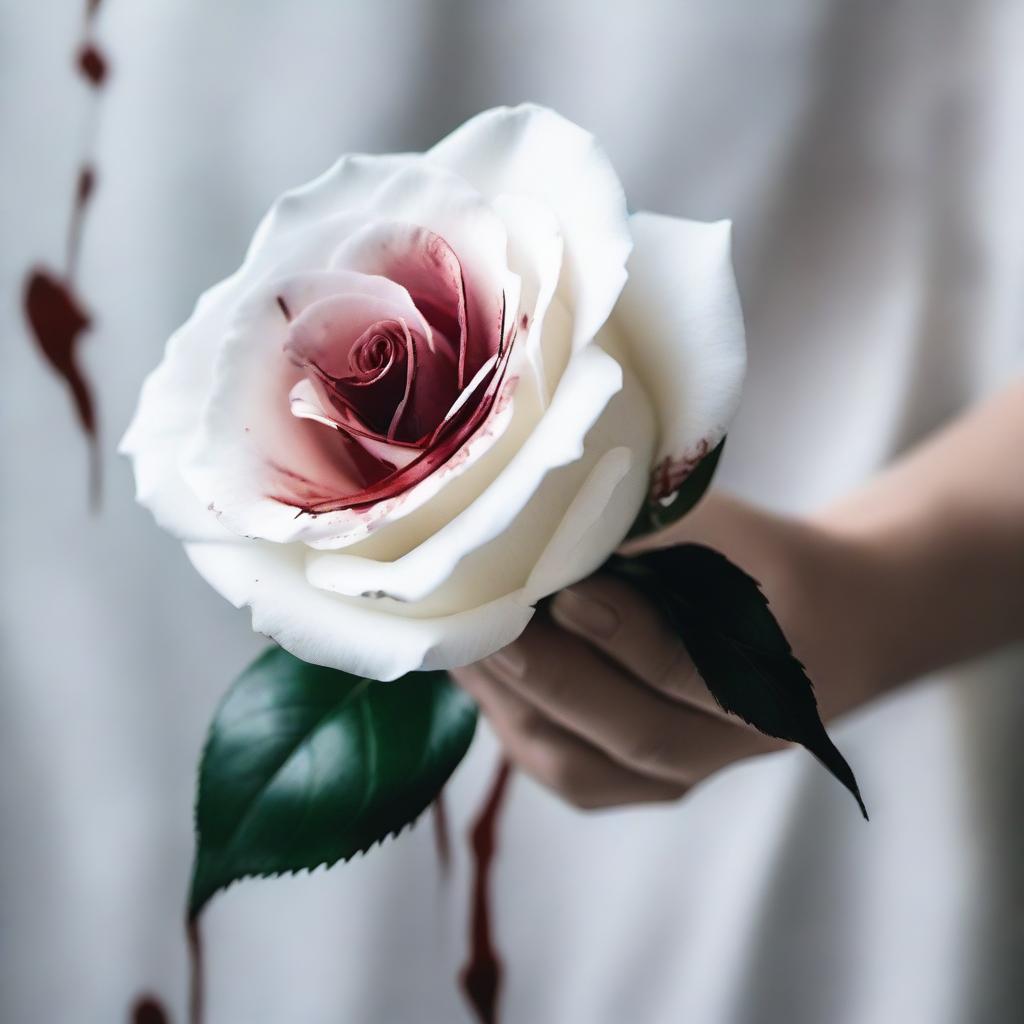 A detailed image of a woman's hand holding a white rose covered in blood