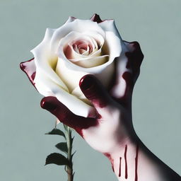 A detailed image of a woman's hand holding a white rose covered in blood