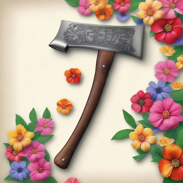 A beautifully crafted axe made entirely out of vibrant flowers