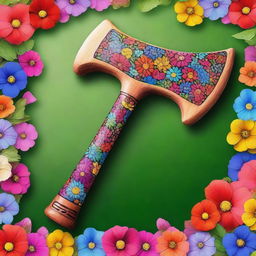 A beautifully crafted axe made entirely out of vibrant flowers